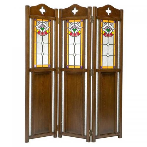ステンドガラスを配したアンティーク調3連スクリーン 輸入家具 【送料無料】